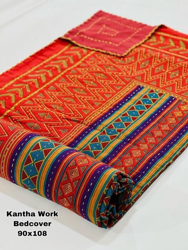 Jaipuri Printed Kantha Work Double Bedcover Size- 90X108 - 2 Layer (Orange)