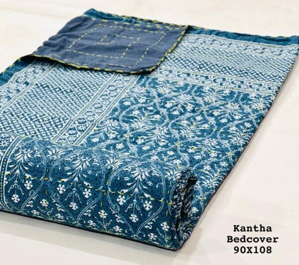 Jaipuri Printed Kantha Work Double Bedcover Size- 90X108  - 2 Layer (Navy Blue)