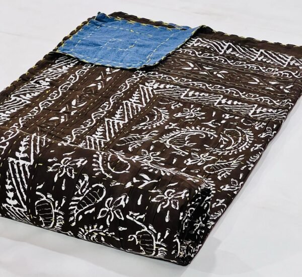 Jaipuri Printed Double Bed Size Kantha Work Bedcover (Dark Brown)