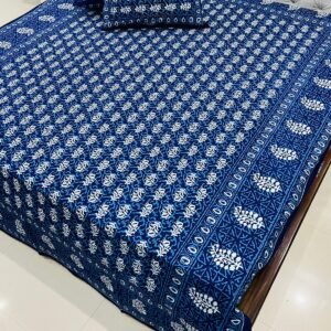 Daabu Print Double Standard Size Bedsheet with 2 Zipped Pillow Cover