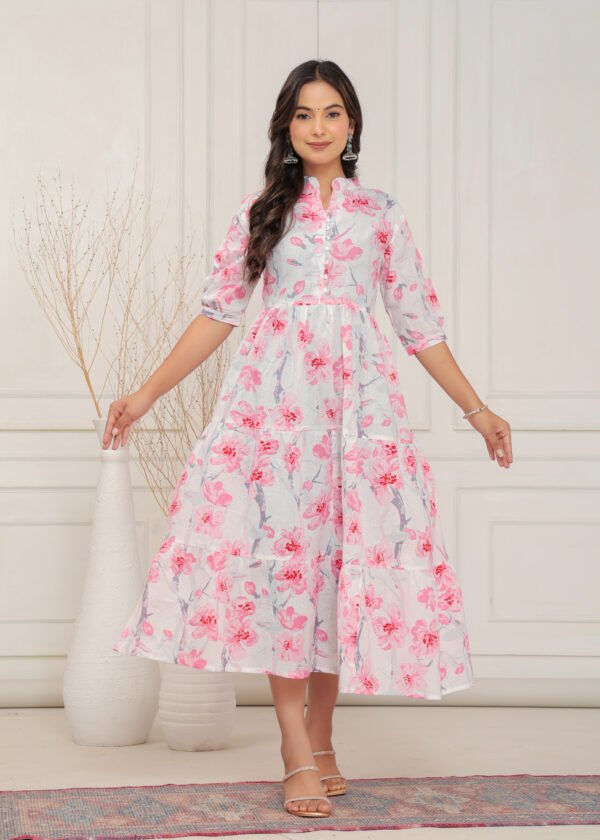 Pink Floral Printed Midi Dress - Image 3